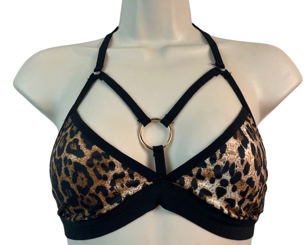 CBR Chic Boutique Rose Womens Leopard Print Bikini Adjustable Tie Neck Sz L-NEW