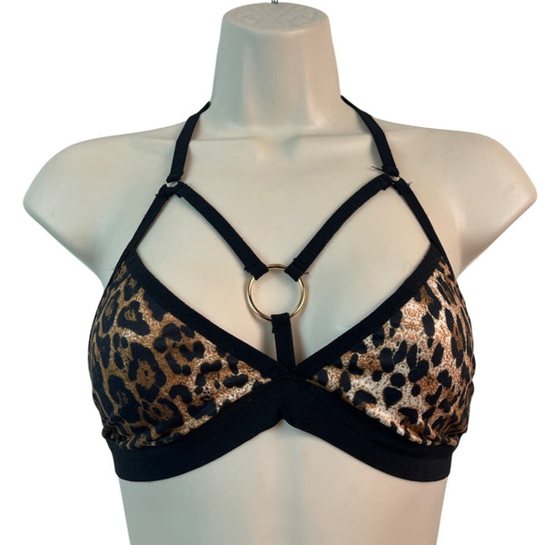 CBR Chic Boutique Rose Womens Leopard Print Bikini Adjustable Tie Neck Sz L-NEW