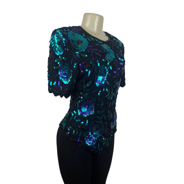 Laurence Kazan Vintage Black Sequin Floral Short Sleeve Top Size M