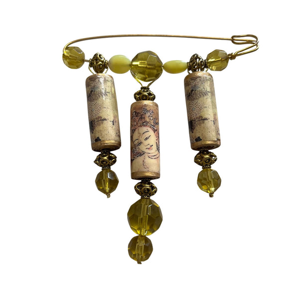 Handmade Beaded Safety Pin Brooch With Asian-Inspired Art Yellow Beads & Gold Accents Unique Jewelry Accessory
