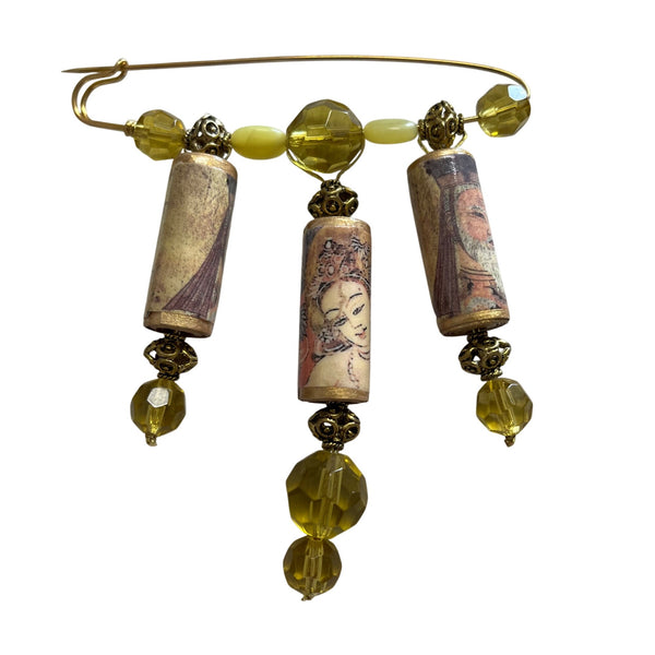 Handmade Beaded Safety Pin Brooch With Asian-Inspired Art Yellow Beads & Gold Accents Unique Jewelry Accessory