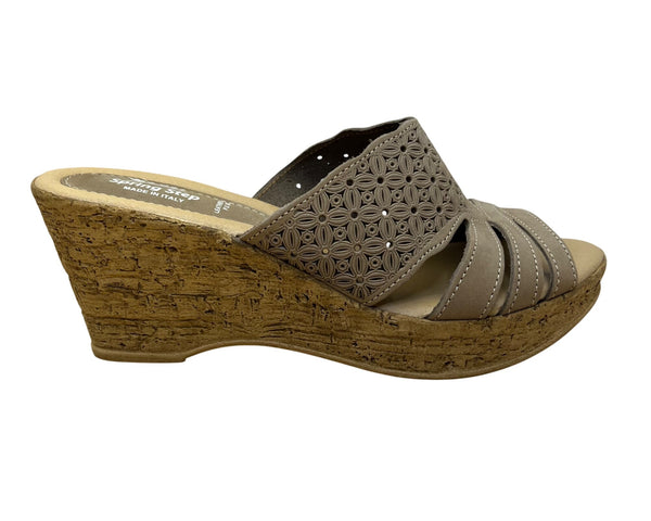 Spring Step Women’s Taupe Leather Laser-Cut Wedge Slide Sandals Size US 8.5