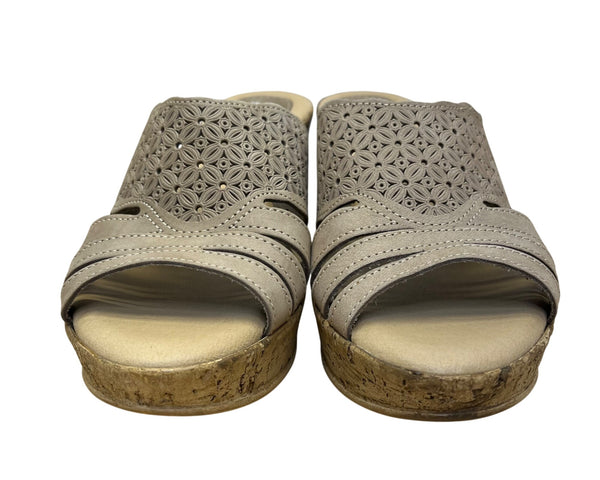 Spring Step Women’s Taupe Leather Laser-Cut Wedge Slide Sandals Size US 8.5