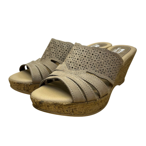 Spring Step Women’s Taupe Leather Laser-Cut Wedge Slide Sandals Size US 8.5