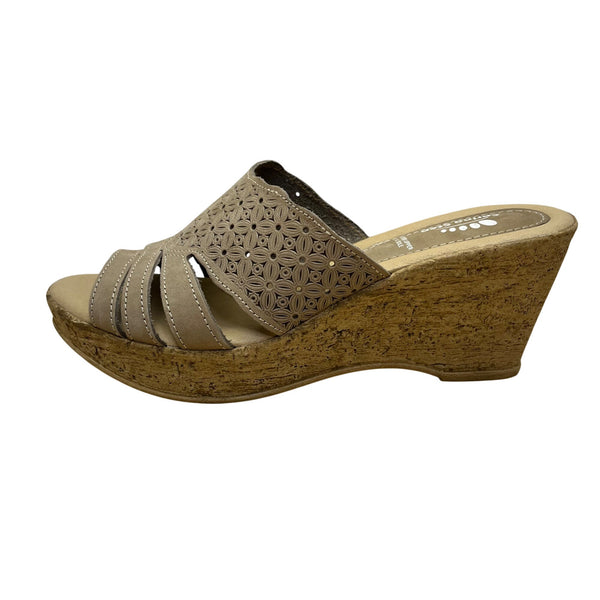 Spring Step Women’s Taupe Leather Laser-Cut Wedge Slide Sandals Size US 8.5