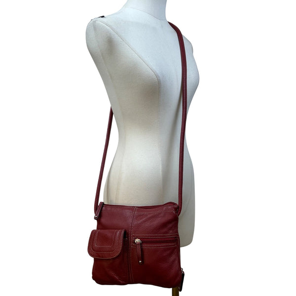 Tignanello Women’s Red Leather Exterior Magnetic Flap Pockets Crossbody Bag