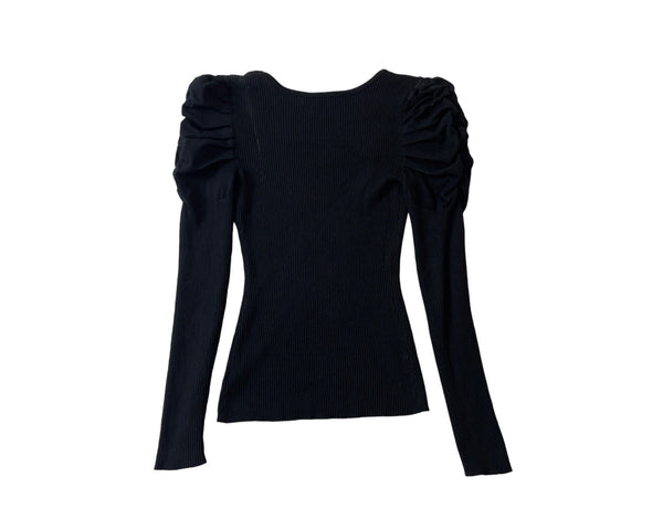 Fashion Nova Black Ribbed Fitted Long Sleeve Top With Ruched Shoulders Size S