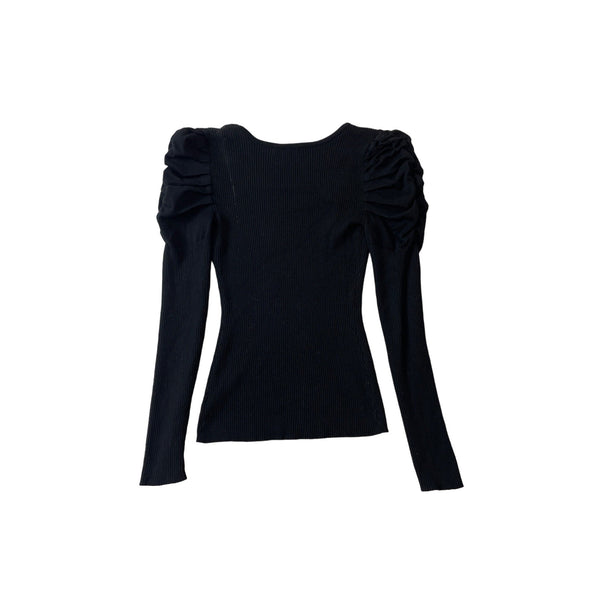 Fashion Nova Black Ribbed Fitted Long Sleeve Top With Ruched Shoulders Size S