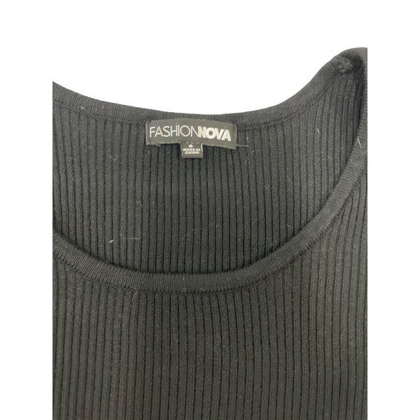 Fashion Nova Black Ribbed Fitted Long Sleeve Top With Ruched Shoulders Size S
