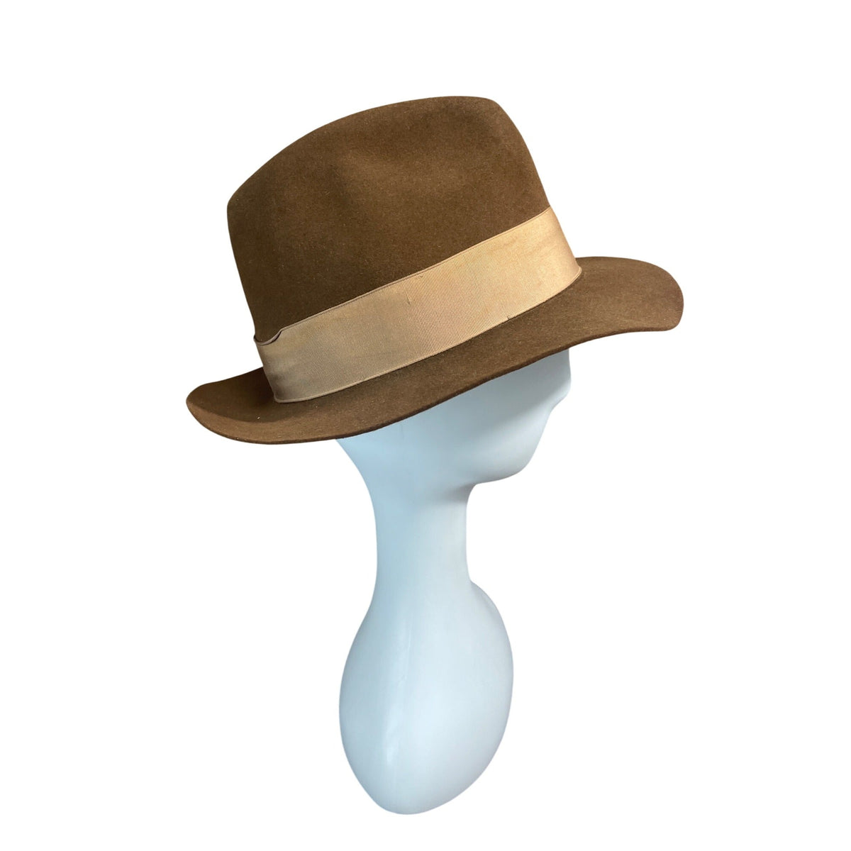 Vintage Dobbs Fifth Ave. NY Brown Fedora Hat With Beige Ribbon Band Wool Felt