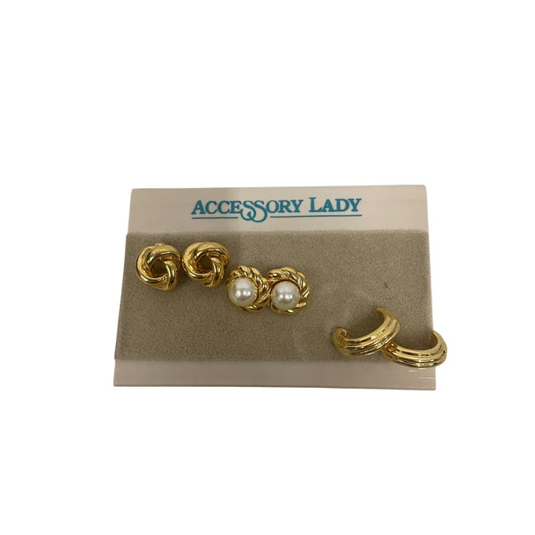 Accessory Lady Gold-Tone & Faux Pearl Earrings Set For Women Elegant Knot & Hoop Design