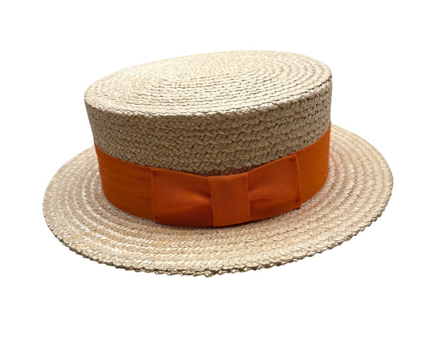 Vtg 30s 40s Ponte Rialto Italian Straw Boater Hat Orange Ribbon Band Sz 7 56