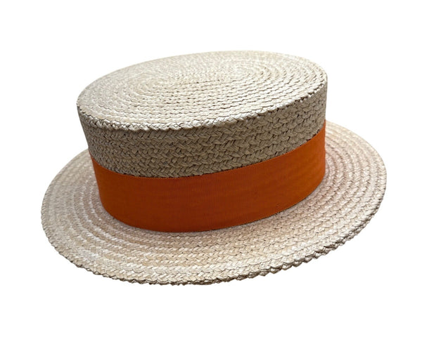 Vtg 30s 40s Ponte Rialto Italian Straw Boater Hat Orange Ribbon Band Sz 7 56