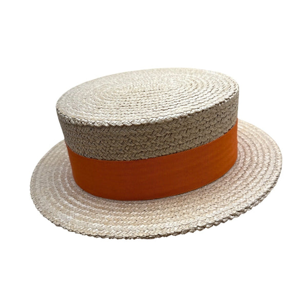 Vtg 30s 40s Ponte Rialto Italian Straw Boater Hat Orange Ribbon Band Sz 7 56