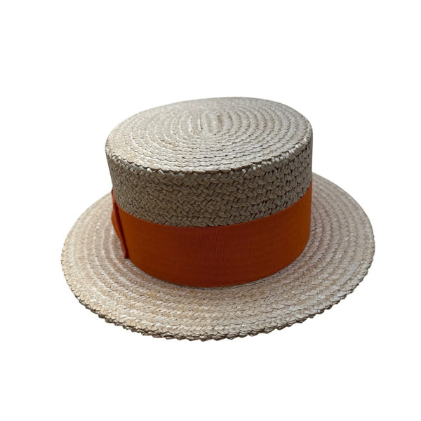 Vtg 30s 40s Ponte Rialto Italian Straw Boater Hat Orange Ribbon Band Sz 7 56