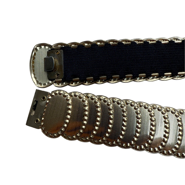 Vintage Gold-Tone Elastic Stretch Waist Belt With Embossed Oval Panels