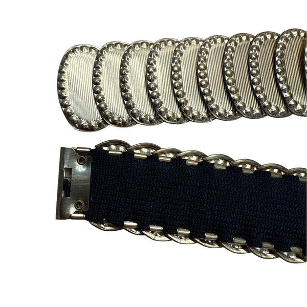 Vintage Gold-Tone Elastic Stretch Waist Belt With Embossed Oval Panels
