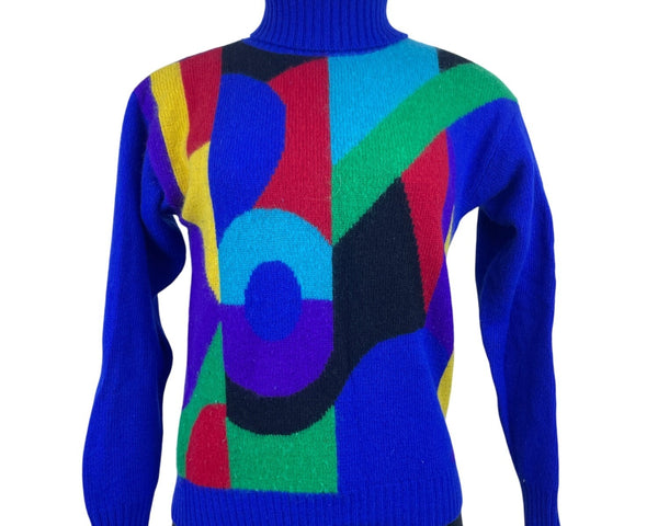 Vintage Illustrations Women’s Blue Multi-Color Turtleneck Sweater Abstract Sz P