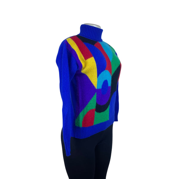 Vintage Illustrations Women’s Blue Multi-Color Turtleneck Sweater Abstract Sz P