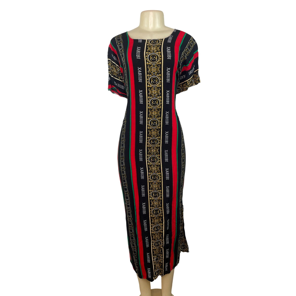Elegant Heritage Print Maxi Dress With Short Sleeves & Bold Stripes