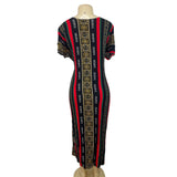 Elegant Heritage Print Maxi Dress With Short Sleeves & Bold Stripes