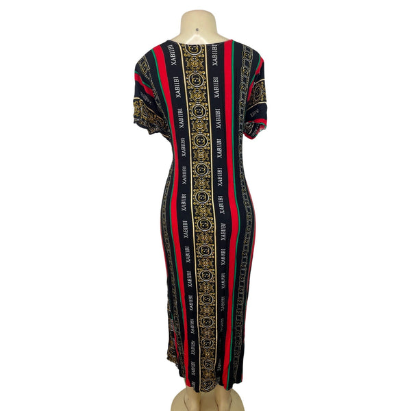 Elegant Heritage Print Maxi Dress With Short Sleeves & Bold Stripes