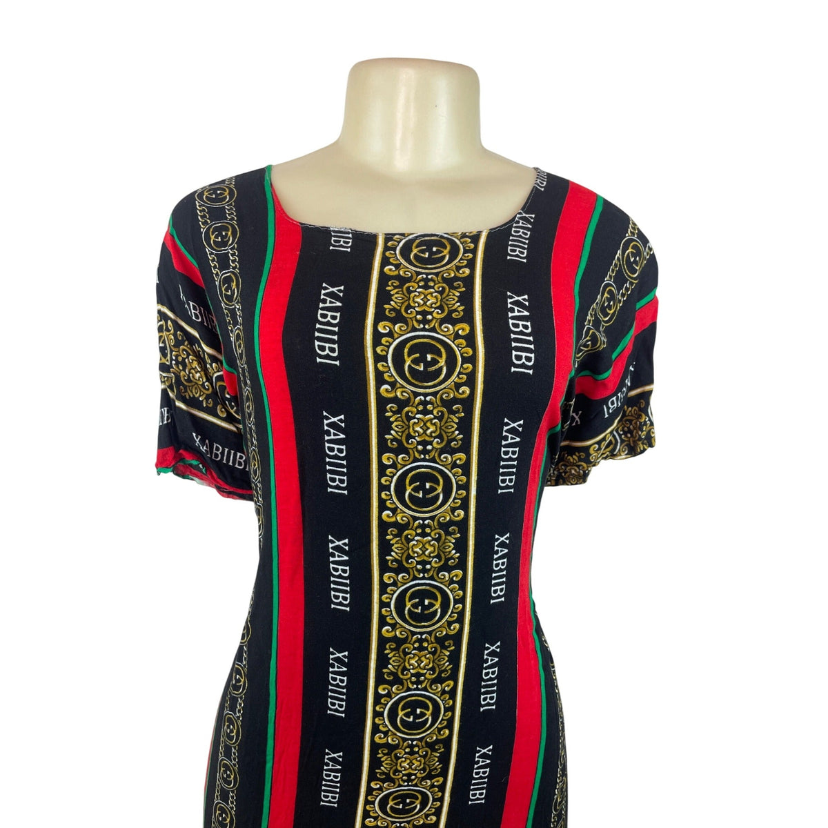 Elegant Heritage Print Maxi Dress With Short Sleeves & Bold Stripes