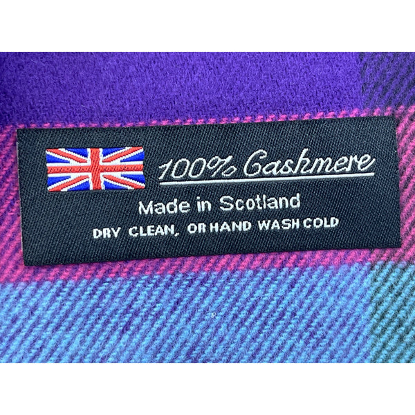 100% Cashmere Womens Purple & Pink Plaid Scarf With Fringe Made In Scotland Soft