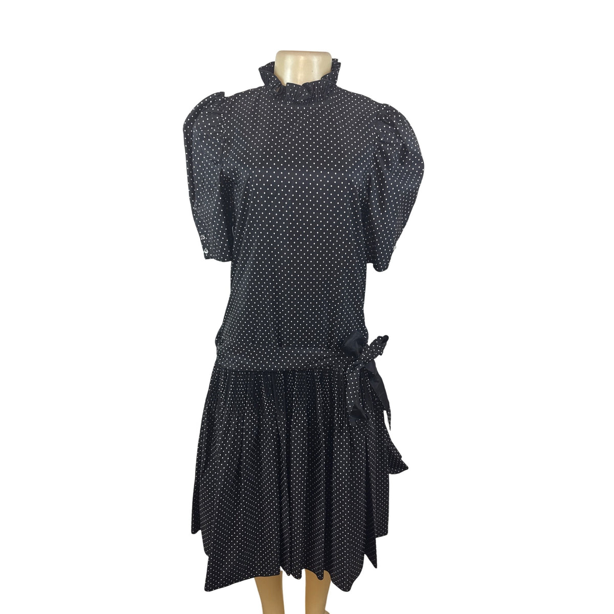 Vintage David Charles Black Polka Dot Dress With Ruffled Neckline Size S/14 yrs