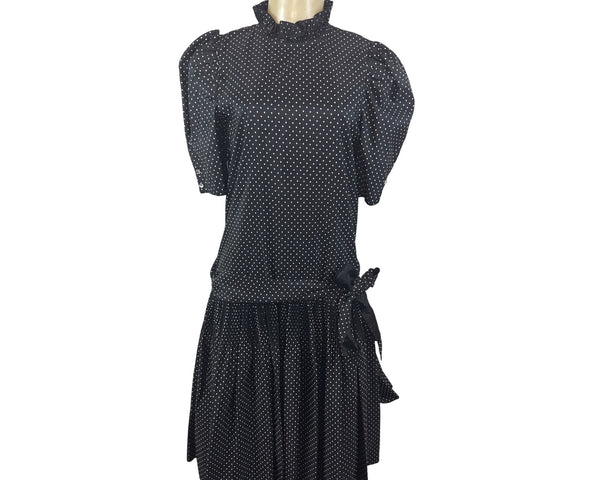 Vintage David Charles Black Polka Dot Dress With Ruffled Neckline Size S/14 yrs