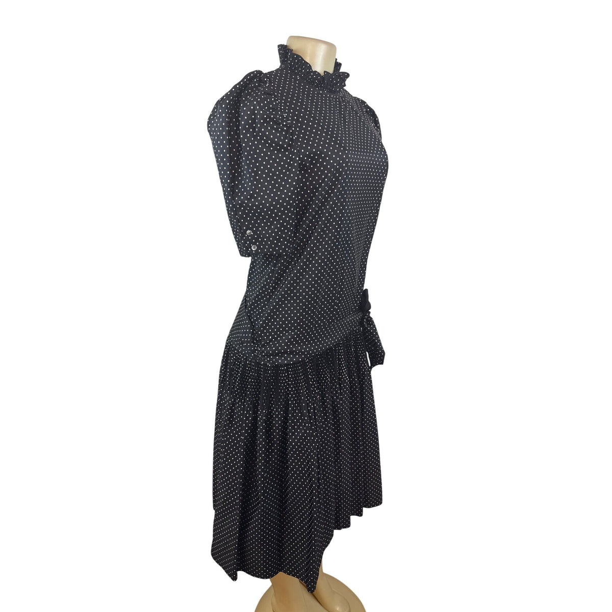 Vintage David Charles Black Polka Dot Dress With Ruffled Neckline Size S/14 yrs