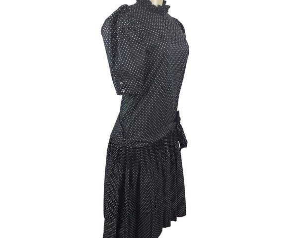 Vintage David Charles Black Polka Dot Dress With Ruffled Neckline Size S/14 yrs