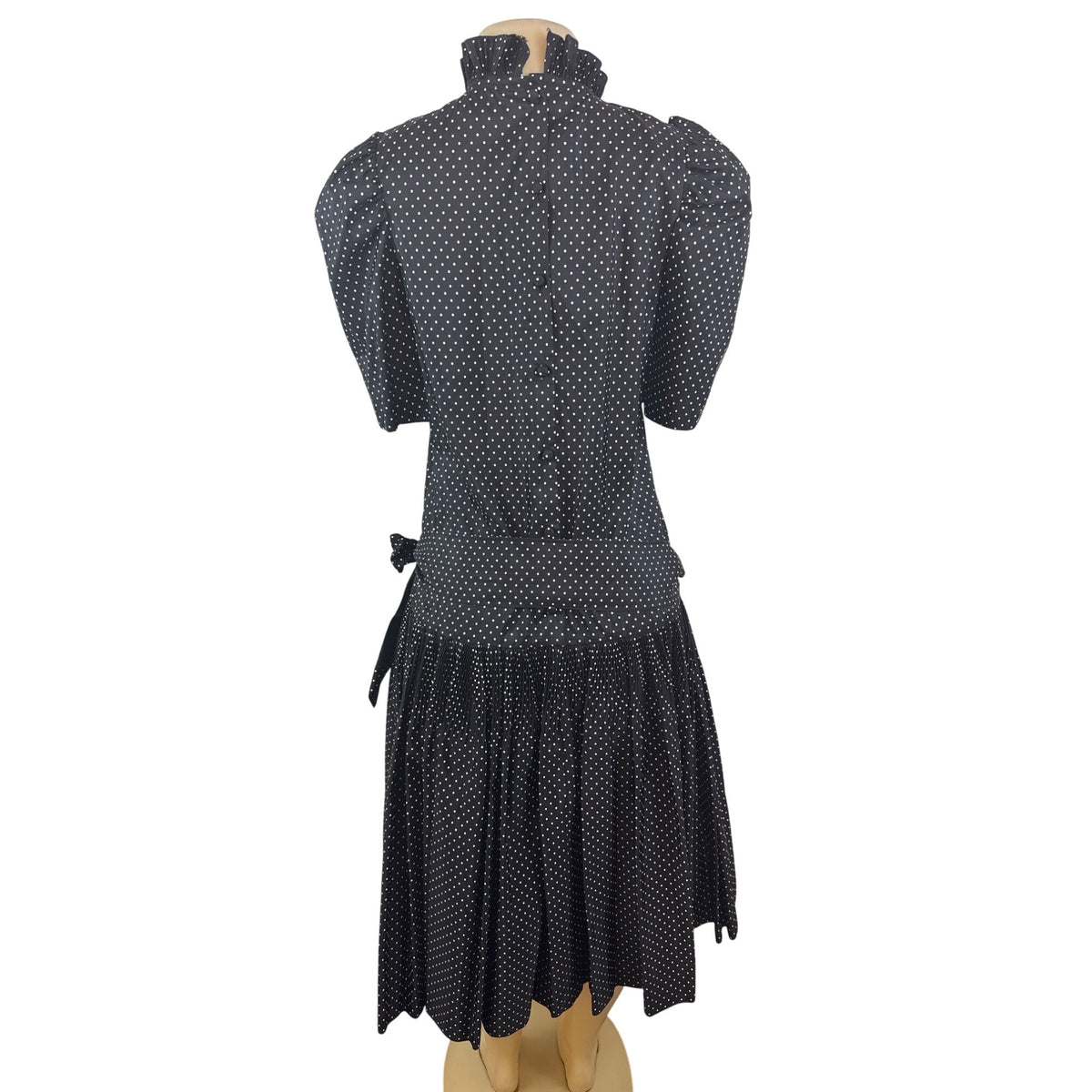 Vintage David Charles Black Polka Dot Dress With Ruffled Neckline Size S/14 yrs