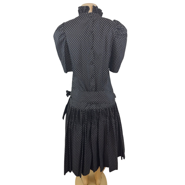 Vintage David Charles Black Polka Dot Dress With Ruffled Neckline Size S/14 yrs