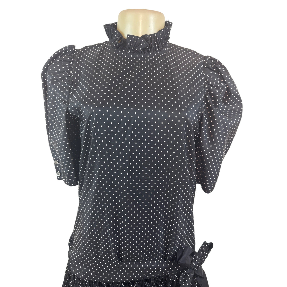 Vintage David Charles Black Polka Dot Dress With Ruffled Neckline Size S/14 yrs