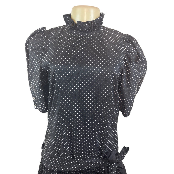 Vintage David Charles Black Polka Dot Dress With Ruffled Neckline Size S/14 yrs
