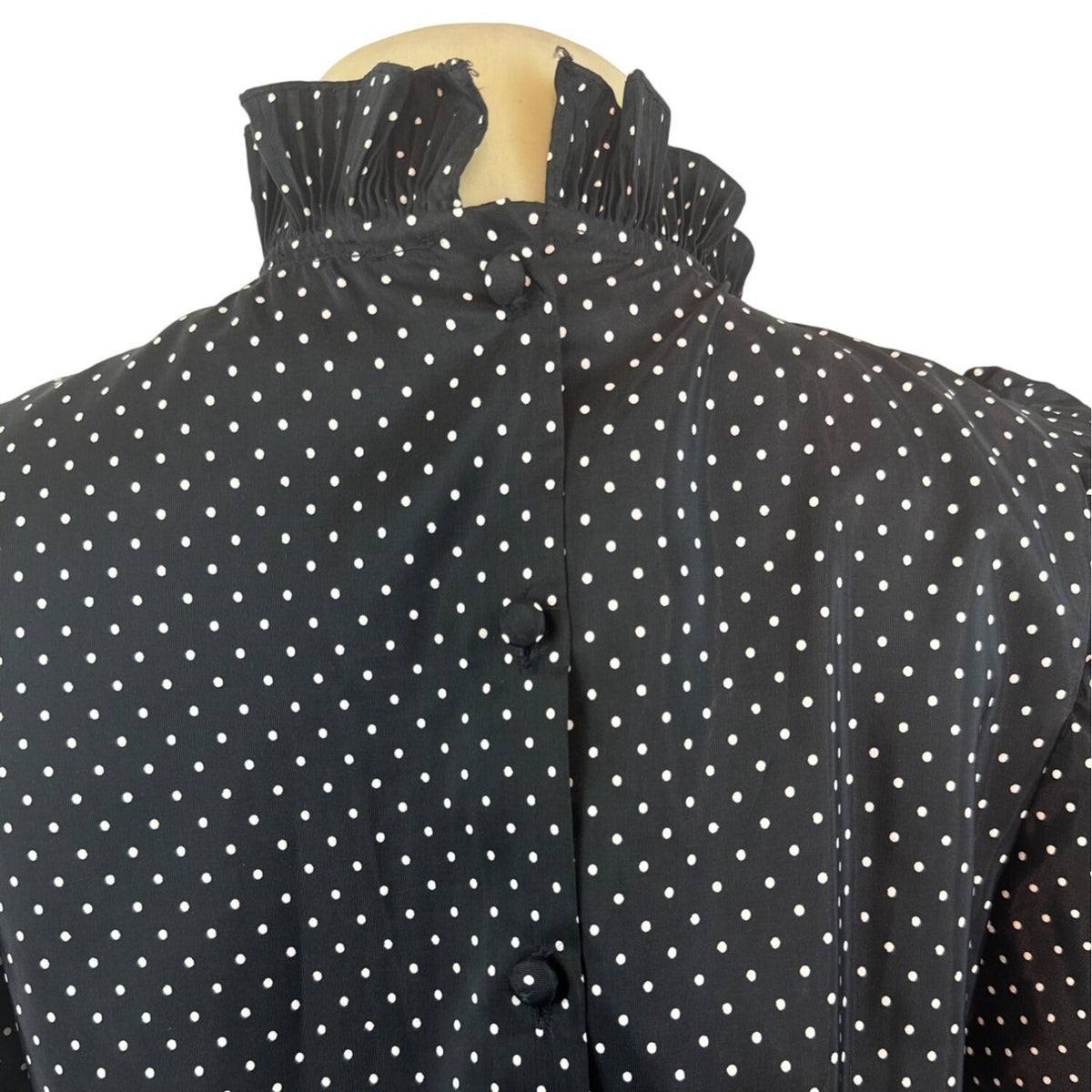 Vintage David Charles Black Polka Dot Dress With Ruffled Neckline Size S/14 yrs