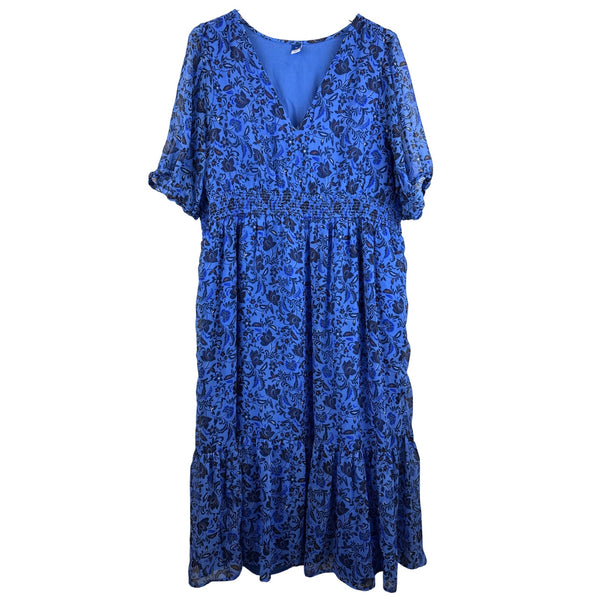 Old Navy Womens Blue Floral Print V-Neck Maxi Dress Lightweight Sheer XL