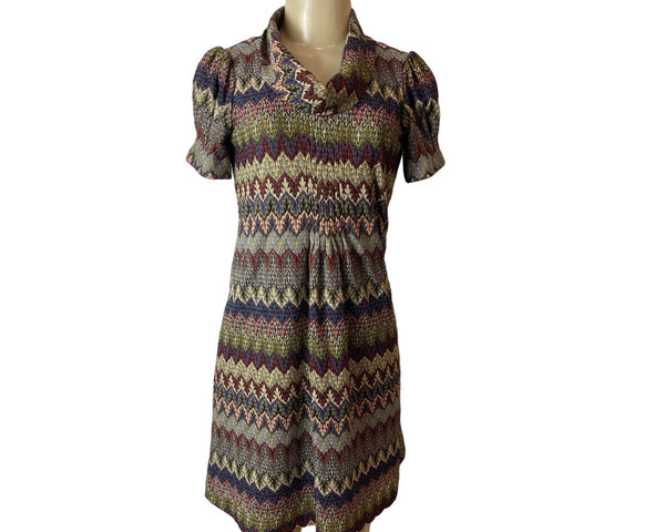 Jessica Howard Women's Colorful Pattern Drape Neck Puffed Midi Dress Sz 6