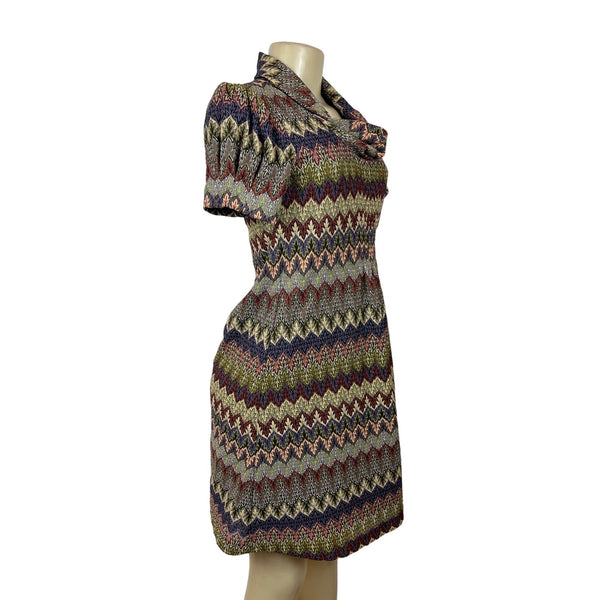 Jessica Howard Women's Colorful Pattern Drape Neck Puffed Midi Dress Sz 6