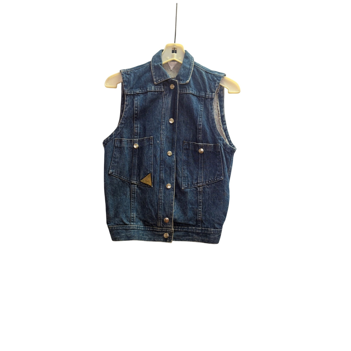 Sleeveless Blue Denim Mens Vest With Front Pockets Snap Closure And Elastic Hem Trim