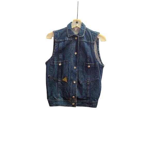 Sleeveless Blue Denim Mens Vest With Front Pockets Snap Closure And Elastic Hem Trim