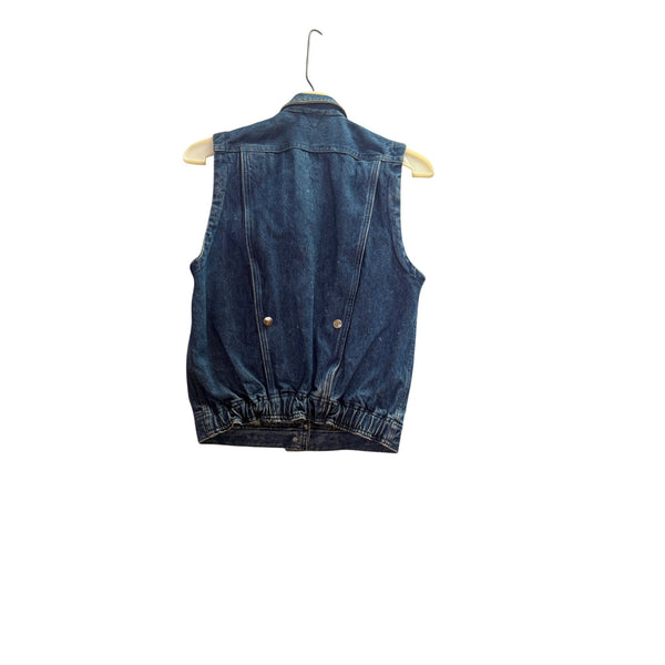 Sleeveless Blue Denim Mens Vest With Front Pockets Snap Closure And Elastic Hem Trim