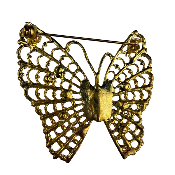 Vintage Gold Tone Rhinestone Butterfly Brooch Pin Crystal Accents Elegant Style