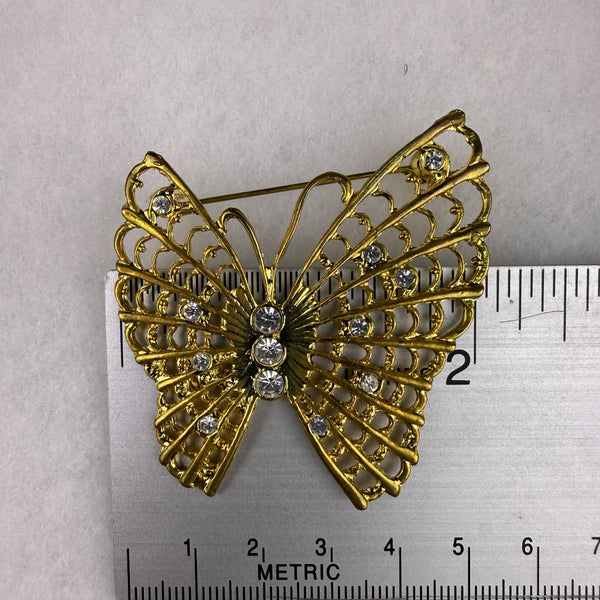 Vintage Gold Tone Rhinestone Butterfly Brooch Pin Crystal Accents Elegant Style