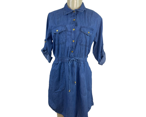 MPH Collection Women’s Wash Denim Shirt Dress With Roll Tab Sleeves Sz M - New