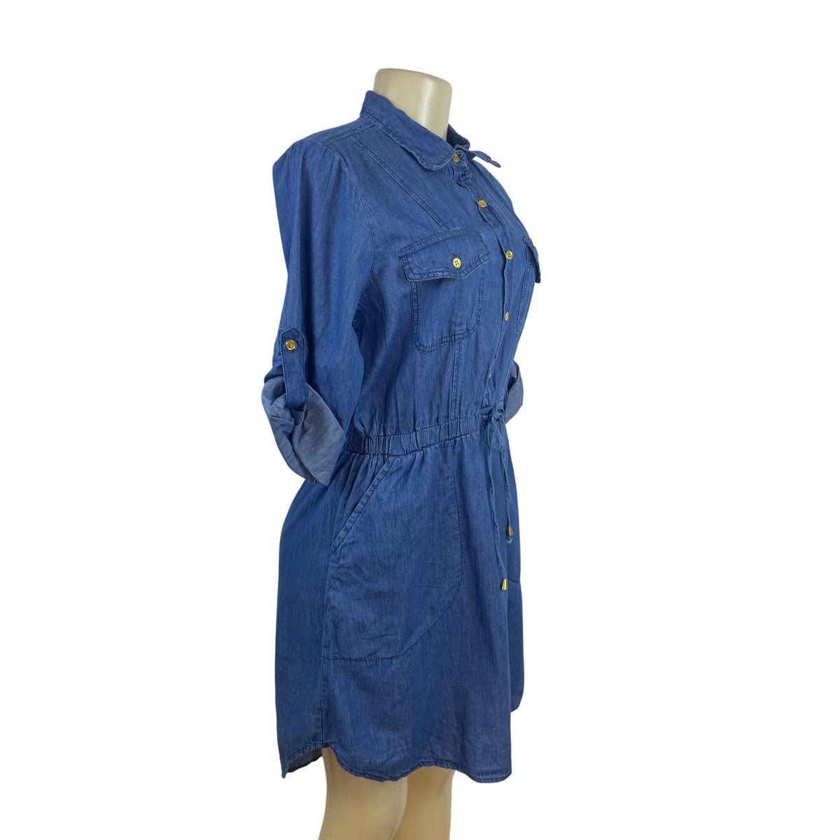 MPH Collection Women’s Wash Denim Shirt Dress With Roll Tab Sleeves Sz M - New