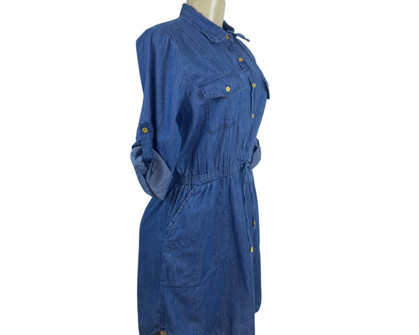 MPH Collection Women’s Wash Denim Shirt Dress With Roll Tab Sleeves Sz M - New
