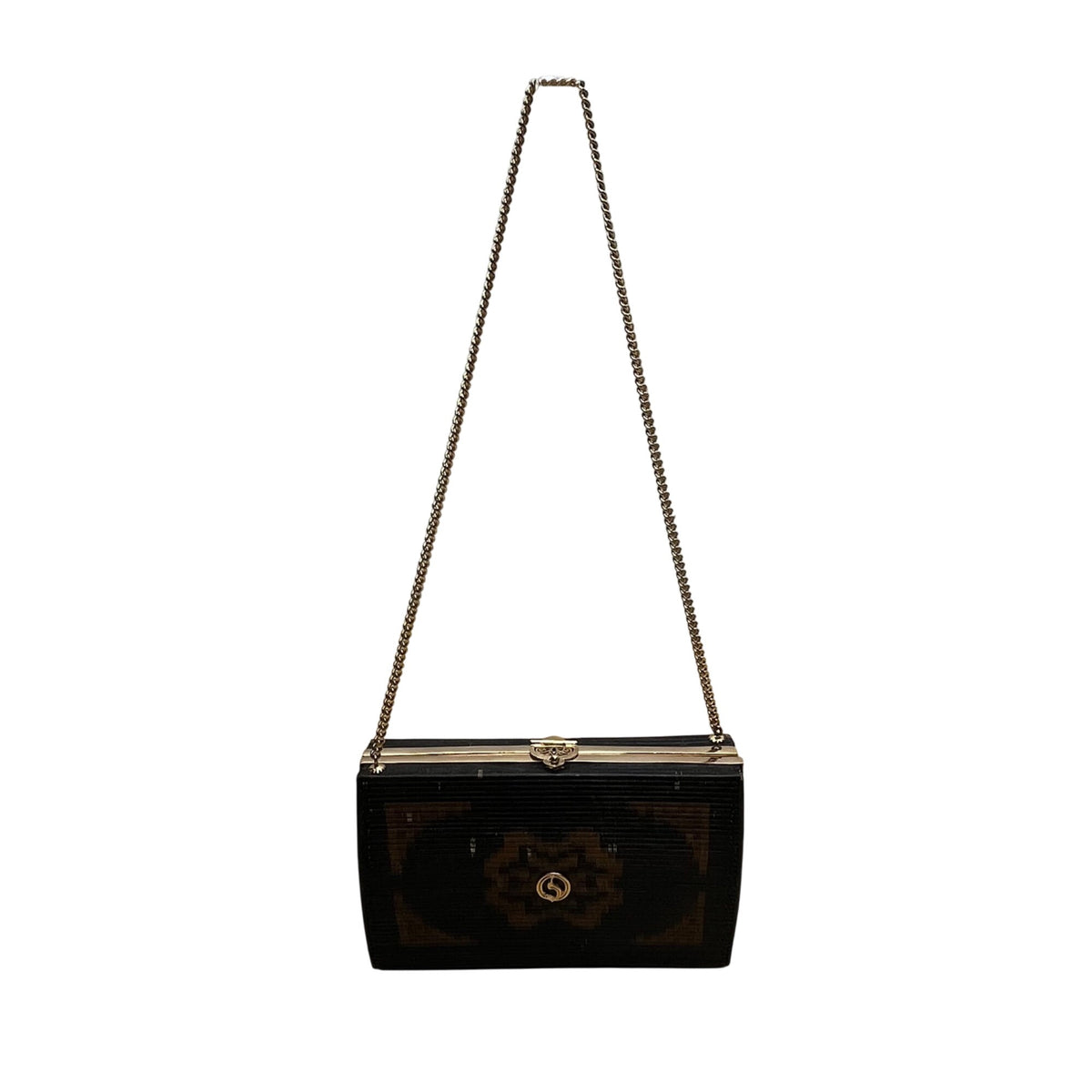 Handcrafted Women’s Black & Brown Chain Strap Woven Pattern Hardcase Clutch Bag