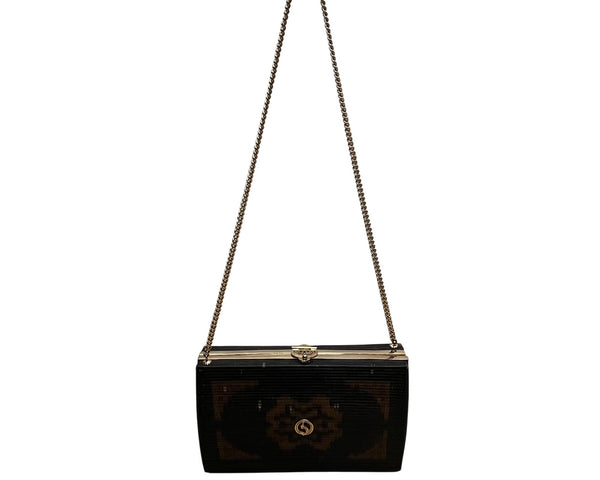 Handcrafted Women’s Black & Brown Chain Strap Woven Pattern Hardcase Clutch Bag